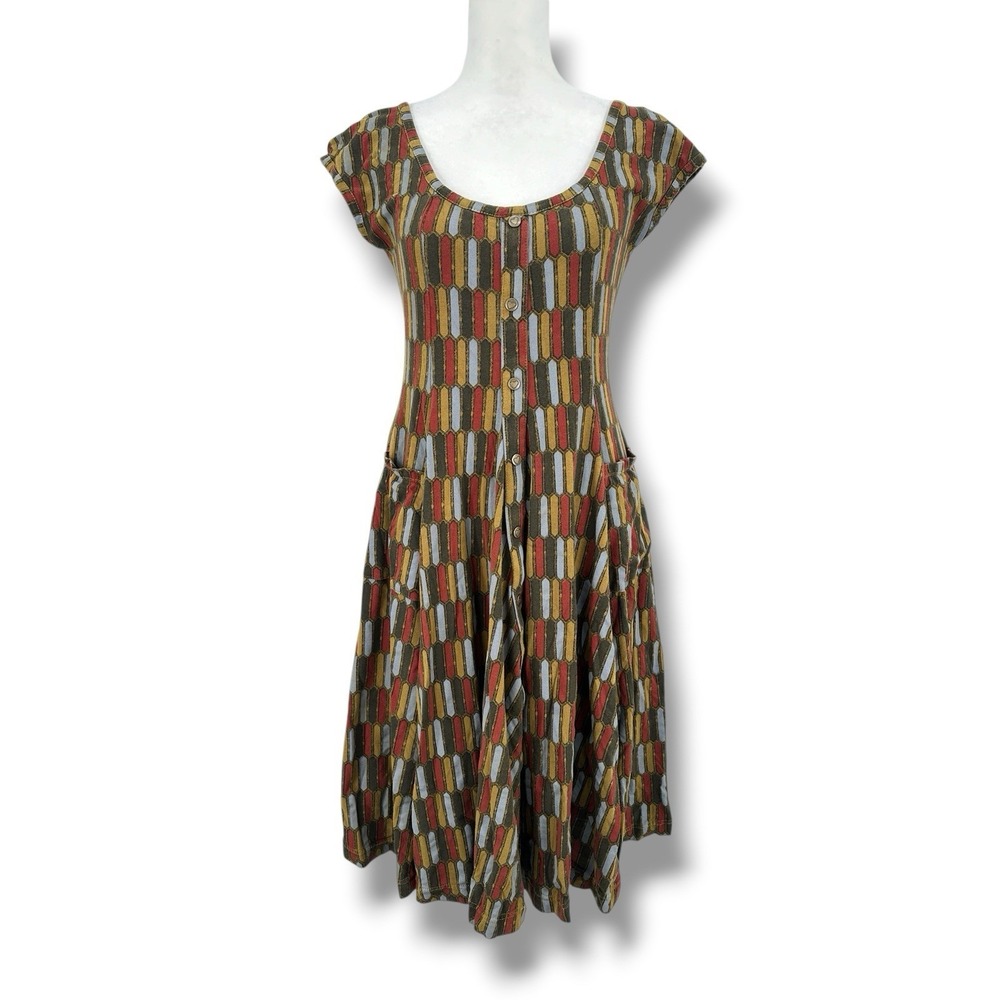 Effie's Heart Fit Flare Dress S Geometric Print Button Pockets Cotton Stretch